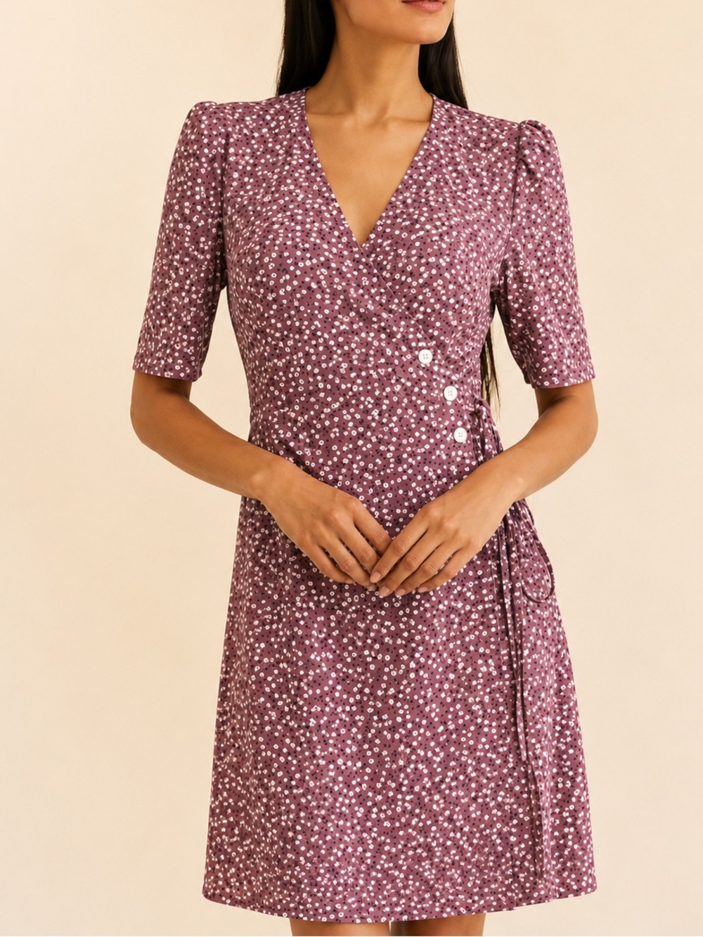 RW&CO. Dusty Purple Ditsy Floral Wrap Dress with White flowers / Wedding Guest